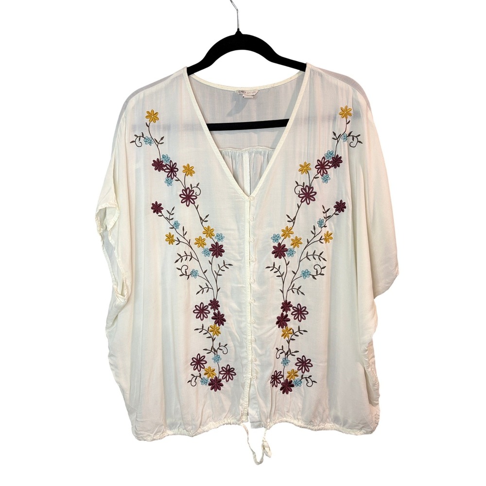 Cato Ivory Floral Embroidered Button Front Blouse Medium White Boho Drawstring